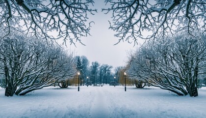 Snowy Winter Park Pathway Lined with Frosty Trees and Lampposts.