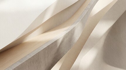 Modern architectural interior design featuring smooth curved overlapping beige wooden panels on walls