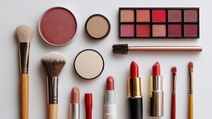 A flat lay showcases an assortment of makeup items, including brushes, powders, and lipsticks in various colors, arranged against a white backdrop