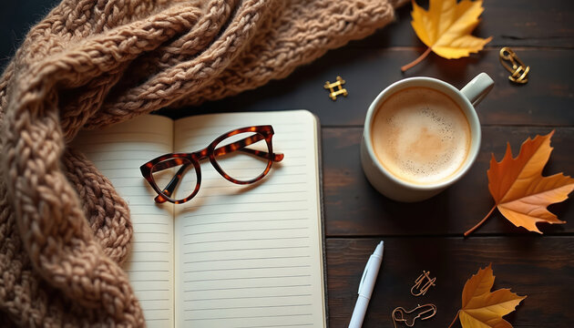 Cozy autumn still life with coffee mug notebook glasses, leaves. Warm morning scene with drink blanket on wooden background. Relaxation concept for fall season. Reading writing planning concept on - Powered by Adobe
