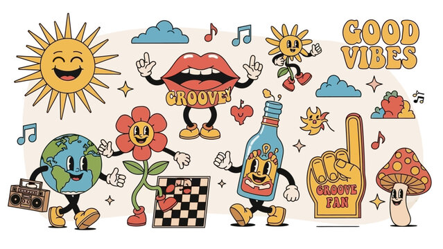 Retro Groovy Vibes Cartoon Characters Collection, Fun and Playful Illustration
