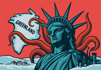 Fototapeta premium Greenland versus America (caricature vector with gloomy statue)