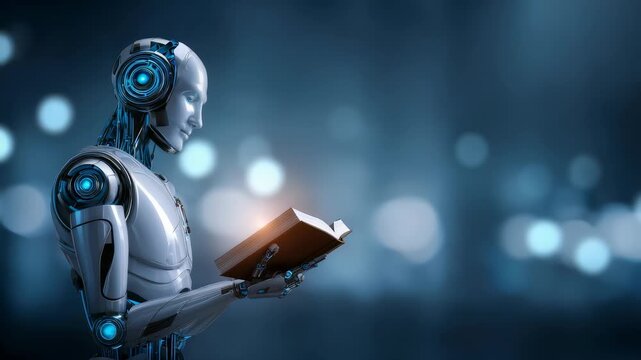 Futuristic humanoid robot with advanced technology intently reading a book in a digital environment. Artificial intelligence explores knowledge and learning in a modern, high tech world