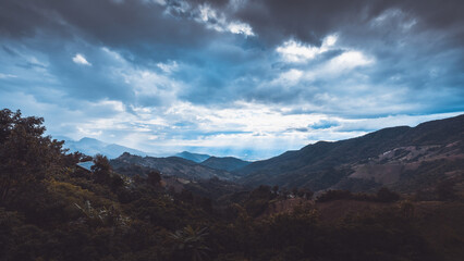 Beautiful panorama landscape skyline of Doi Sakad mountain valley with sunlight at sunset sky in Pua Nan Thailand Winter travel season concept