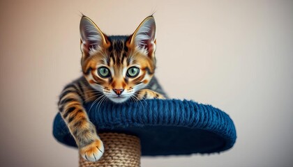 Playful tabby cat perched on a scratching post, gazing intently, home, cat photography