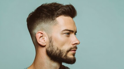Fototapeta premium A handsome man is pictured in profile, showcasing a meticulously groomed beard and stylish haircut against a teal background