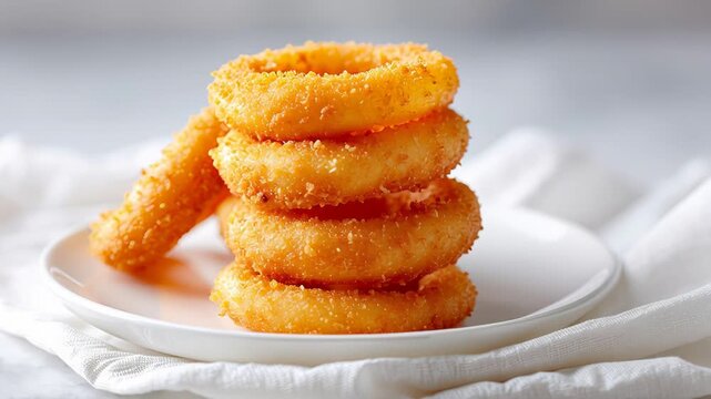 Crispy golden onion rings on a white plate with soft background lighting
