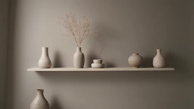 A minimalist shelf with vases and decorative items against a neutral wall