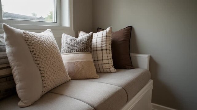 A serene corner with a beige couch adorned with patterned pillows near a window
