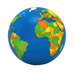 Fototapeta premium Colorful globe showing continents Africa Europe and South America with countries divided by different colors isolated on a transparent background