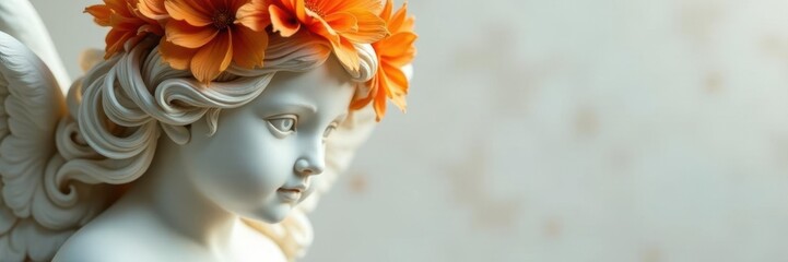 Orange flower wreath adorns angel's marble head , crown, white, still life