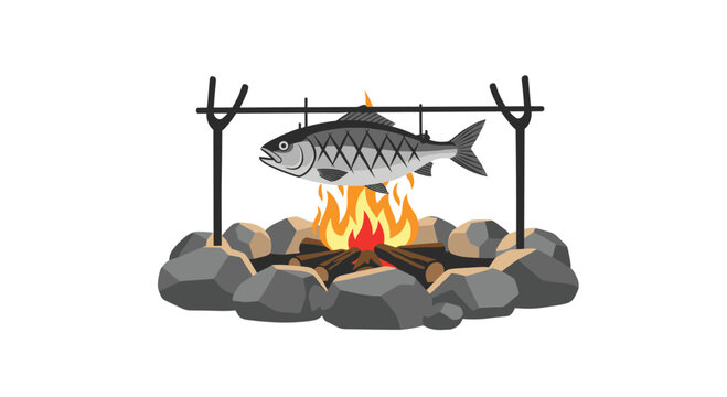 Large fish on a spit rotates over a crackling wood campfire surrounded by stones in a rugged outdoor survival or camping scene.