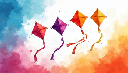 Colorful kites soar on bright background. Watercolor drawing features festive colors. Ideal for Makar Sankranti event promotional materials. Design highlights freedom celebration, joyful spirit.