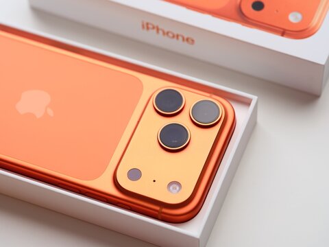 Tambov, Russian Federation - December 14, 2025 An open box with new Apple iPhone 17 Pro smartphone in the cosmic orange color.