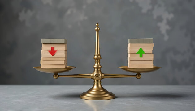 Financial market volatility and risk assessment concept with wooden blocks and directional arrows on brass scale for investment banking website banner