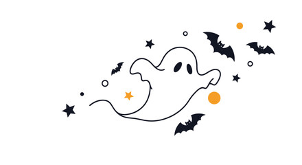 Spooky but cute Halloween illustration featuring a white flying ghost surrounded by black bats and glowing orange stars.