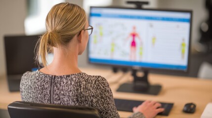 Woman sitting at a desk with posture assessment software displaying customized corrective exercises on a computer screen.