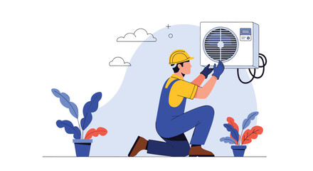 Professional technician in blue overalls and yellow hard hat repairing air conditioning unit, service concept flat illustration.
