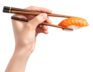 hand with chopsticks picking up sushi nigiri on Isolated transparent background png. generated with AI