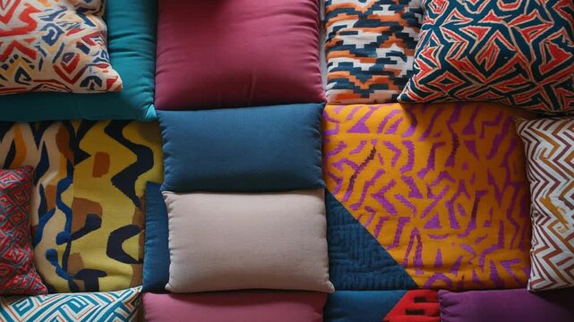 A colorful arrangement of patterned pillows on a sofa