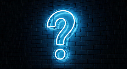 Neon blue question mark on dark brick wall, illuminated and glowing, evoking curiosity, uncertainty, or the need for information, perfect for presentations