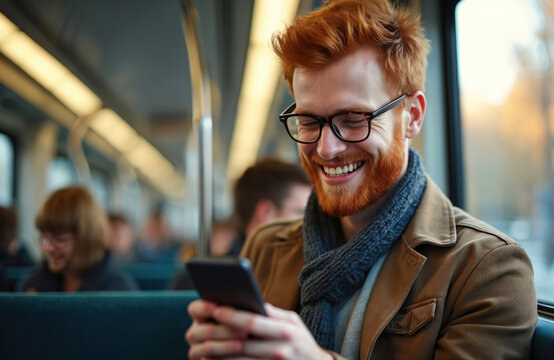 Young man with red hair and beard wears glasses, smiles while looking at his phone on public transport. He wears a scarf and coat. Other passengers are blurred in background. - Powered by Adobe