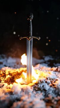 Medieval sword standing upright impaled in earth covered with snow and surrounded by flames in the night