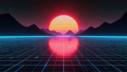 Grid landscape with neon sun over mountains and ocean. Retro wave aesthetic, synthwave vibe, vibrant colors. Digital art for cyberspace and retro gaming.