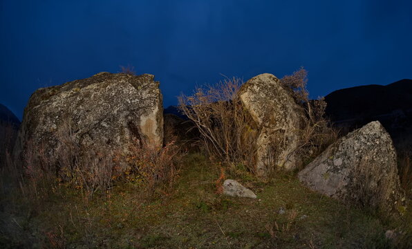 Russia. The South of Western Siberia, the Altai Mountains. Autumn moonlit night in the stone valley of the mountain river Katun near the village of Inia.