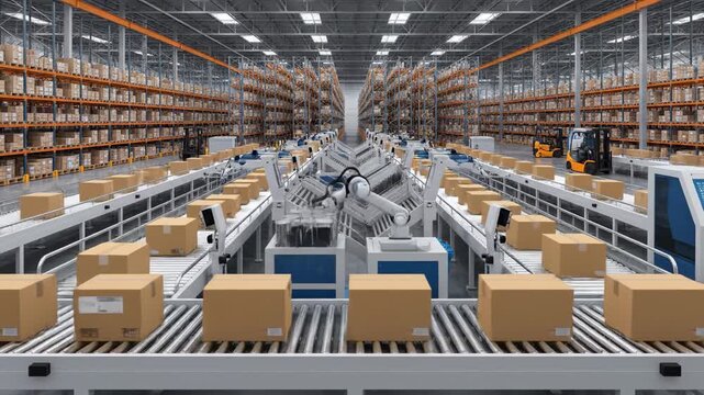 A modern automated warehouse with robotic arms sorting cardboard boxes on conveyor belts, surrounded by tall storage racks.