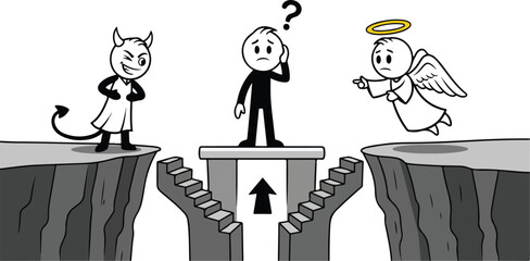 Naklejka premium Man choosing between angel and devil.
