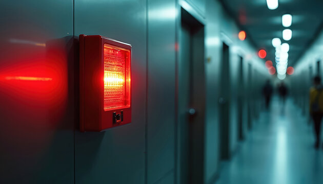 Red fire alarm flashes on wall in building hallway. Emergency strobe light warns people about hazard, evacuation. Sign indicates important safety, security measures in modern tech systems. People