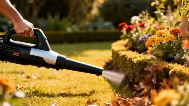 Medium shot focusing on the compact design of a selfcleaning leaf blower easily maneuvered around tight flower beds with ease