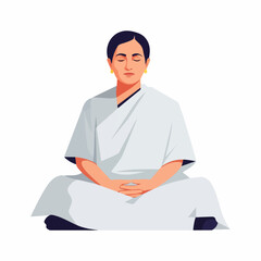 Flat vector illustration of a person in a white garment meditating with closed eyes, symbolizing tranquility, mindfulness, and inner peace.