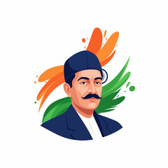 A stylized illustration of an Indian national hero, featuring a man with a mustache and cap against a vibrant background of abstract brushstrokes in the Indian flag colors.