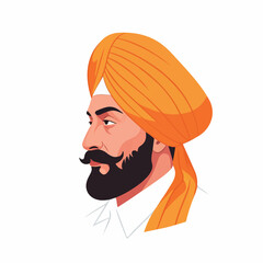Vector illustration of a dignified man wearing a vibrant orange turban and a full beard, depicted in profile. Represents South Asian culture and identity.