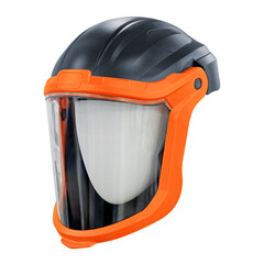 A helmet with a full-face transparent mask, part of a chemical or biological protection suit