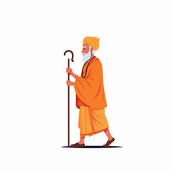 An elderly Indian sadhu or holy man, with a white beard and orange attire, walks with a staff, symbolizing spirituality and devotion.