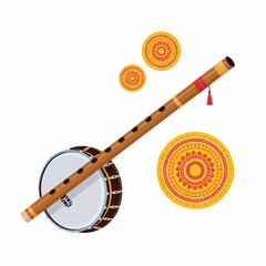 Vector illustration of traditional Indian musical instruments, including a flute and a stringed drum, accompanied by decorative mandala-style patterns on a white background.