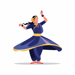 Vibrant illustration of a woman performing a traditional Indian dance, showcasing cultural elegance and dynamic movement in a blue and yellow costume.
