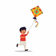 Happy Indian child in traditional clothes running and flying a vibrant kite, symbolizing freedom and festive spirit. Isolated vector illustration.