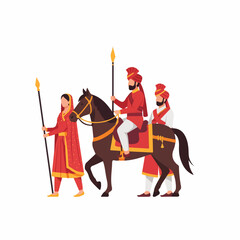 Illustration of a traditional Indian procession with a man on horseback, accompanied by a woman and another man in vibrant cultural attire, holding spears.