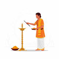 Traditional Indian man performing a sacred ritual, lighting a ceremonial lamp with marigold flowers. Hindu puja, spiritual ceremony, cultural celebration.
