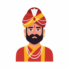 Vibrant flat illustration of a traditional Indian man in a colorful turban, royal attire, and pearl necklace, depicting rich culture and heritage.