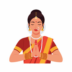 Elegant Indian woman in a vibrant sari, adorned with traditional jewelry, performing the Namaste gesture with closed eyes, symbolizing greeting, respect, and cultural tradition.