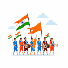 A festive parade in India with people carrying national flags, traditional drums, and a kite spool, celebrating cultural heritage and national pride.