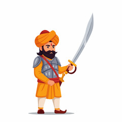 Cartoon illustration of an Indian warrior or king in traditional attire, wearing armor and a turban, holding a curved sword. Represents historical figures and bravery.