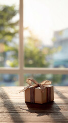 Vertical scene: gift box on table near window, natural light, empty upper space for text.