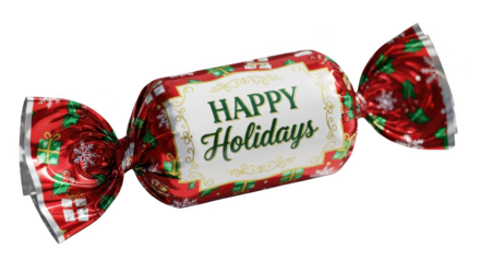 Red and green foil wrapped candy with happy holidays message and festive patterns isolated on a transparent background