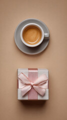 Vertical flat lay: espresso and gift aligned at bottom, clean space above.
